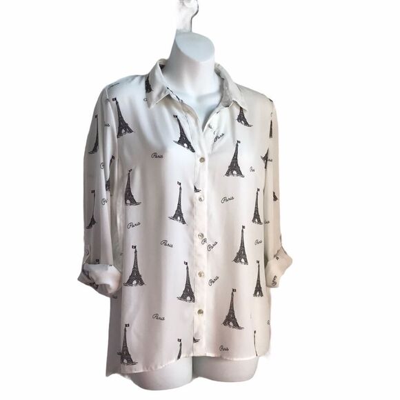 Forever 21 Paris Eiffel Graphic Print Tower Button Down Blouse White S - Picture 12 of 13